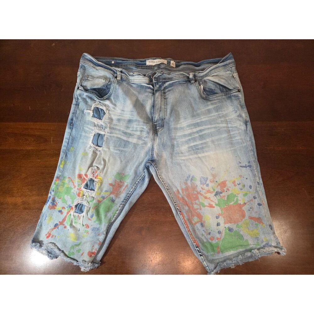 Evolution In Design Denim Shorts Mens 42 Blue Distressed Paint Splatter Y2K Art